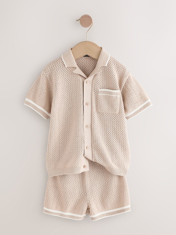 Taupe Textured Revere Collar Knitted Polo Shirt and Shorts Set (3mths-10yrs) - Image 5 of 8