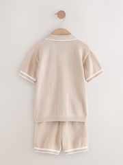 Taupe Textured Revere Collar Knitted Polo Shirt and Shorts Set (3mths-10yrs) - Image 6 of 8