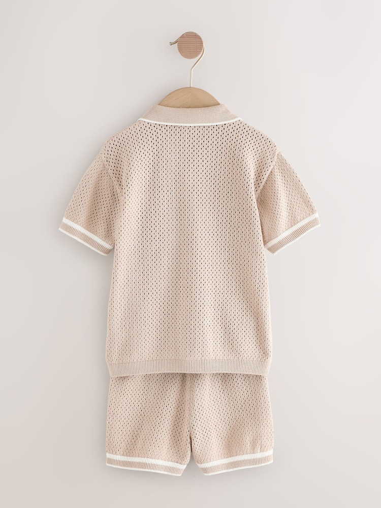 Taupe Textured Revere Collar Knitted Polo Shirt and Shorts Set (3mths-10yrs) - Image 6 of 8