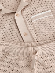 Taupe Textured Revere Collar Knitted Polo Shirt and Shorts Set (3mths-10yrs) - Image 8 of 8