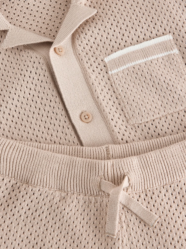 Taupe Textured Revere Collar Knitted Polo Shirt and Shorts Set (3mths-10yrs) - Image 8 of 8