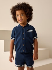 Navy Blue Textured Revere Collar Knitted Polo Shirt and Shorts Set (3mths-10yrs) - Image 1 of 8
