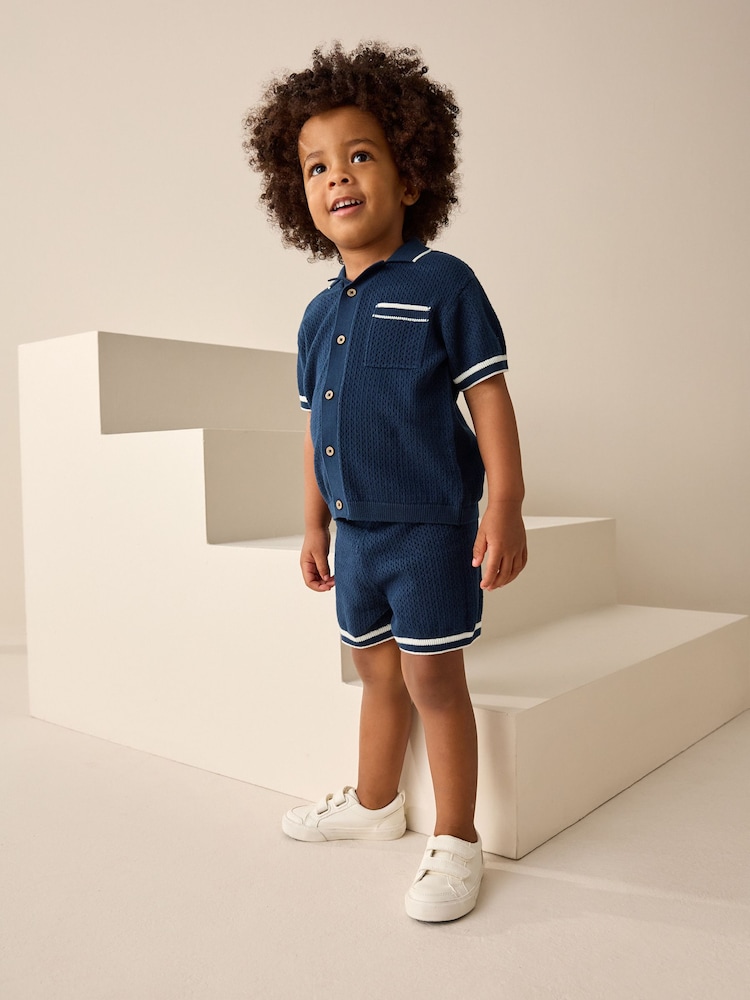 Navy Blue Textured Revere Collar Knitted Polo Shirt and Shorts Set (3mths-10yrs) - Image 2 of 8