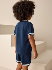 Navy Blue Textured Revere Collar Knitted Polo Shirt and Shorts Set (3mths-10yrs) - Image 3 of 8