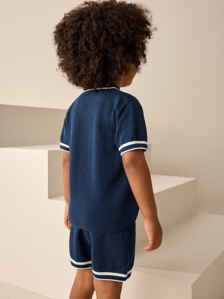 Navy Blue Textured Revere Collar Knitted Polo Shirt and Shorts Set (3mths-10yrs) - Image 3 of 8