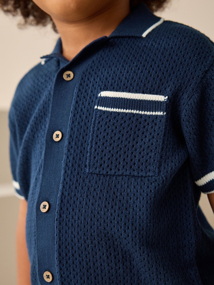 Navy Blue Textured Revere Collar Knitted Polo Shirt and Shorts Set (3mths-10yrs) - Image 4 of 8