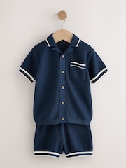 Navy Blue Textured Revere Collar Knitted Polo Shirt and Shorts Set (3mths-10yrs) - Image 5 of 8
