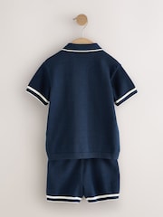 Navy Blue Textured Revere Collar Knitted Polo Shirt and Shorts Set (3mths-10yrs) - Image 6 of 8
