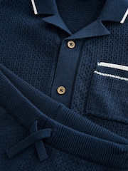 Navy Blue Textured Revere Collar Knitted Polo Shirt and Shorts Set (3mths-10yrs) - Image 7 of 8