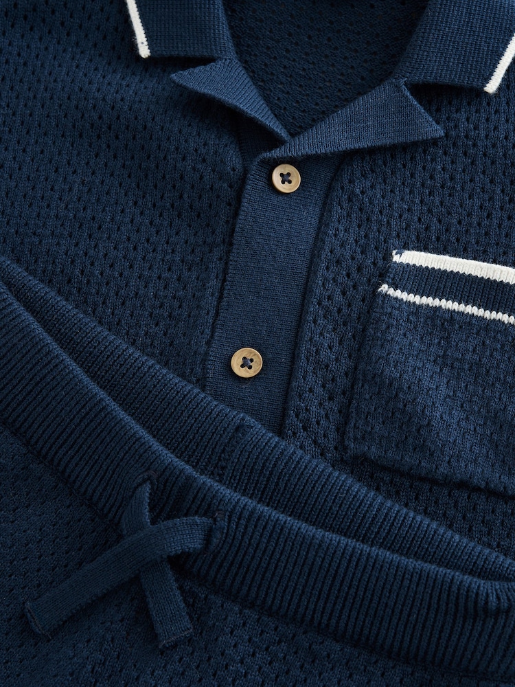 Navy Blue Textured Revere Collar Knitted Polo Shirt and Shorts Set (3mths-10yrs) - Image 7 of 8
