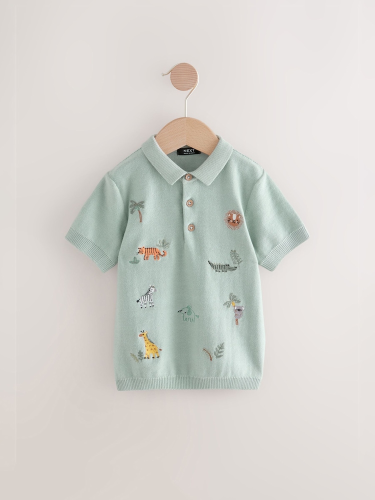 Mineral Blue 100% Cotton Knitted Short Sleeve Embroidered Polo Shirt (3mths-7yrs) - Image 1 of 4