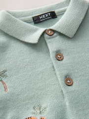Mineral Blue 100% Cotton Knitted Short Sleeve Embroidered Polo Shirt (3mths-7yrs) - Image 3 of 4