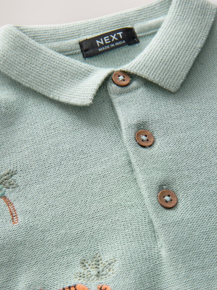 Mineral Blue 100% Cotton Knitted Short Sleeve Embroidered Polo Shirt (3mths-7yrs) - Image 3 of 4