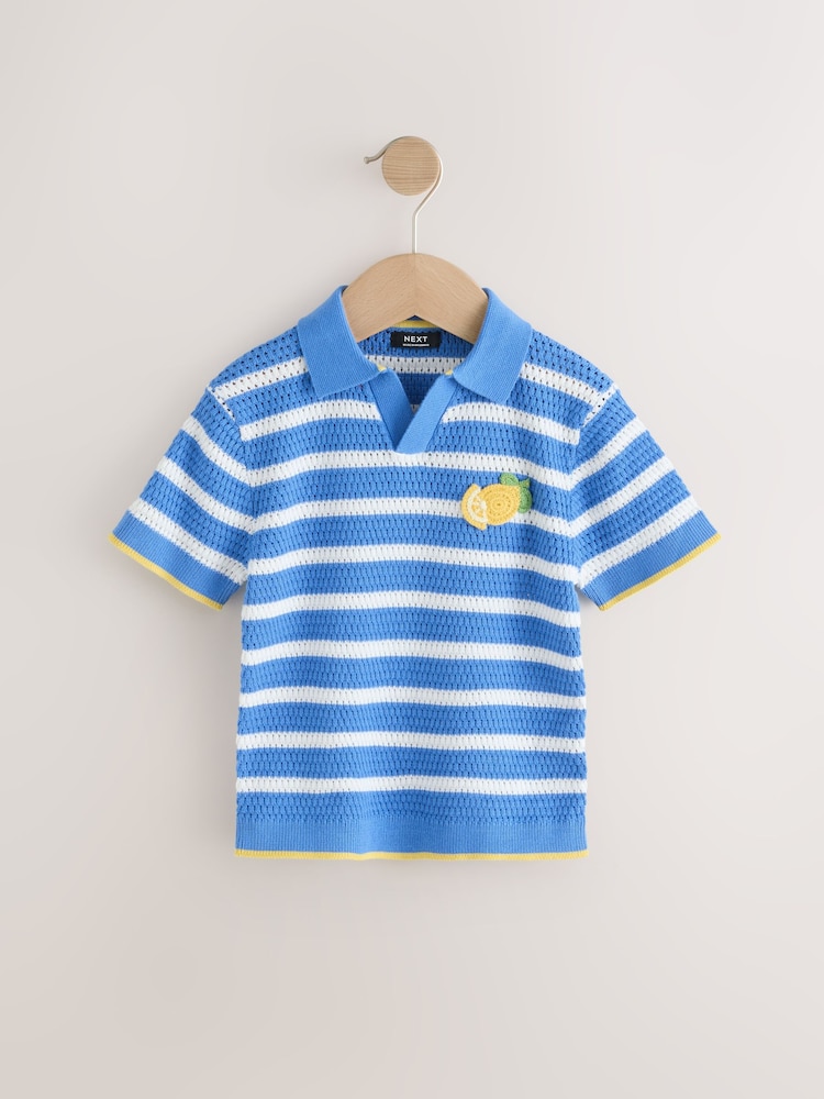 Blue/White Stripe Short Sleeve Trophy Neck 100% Cotton Polo Shirt (3mths-7yrs) - Image 1 of 4