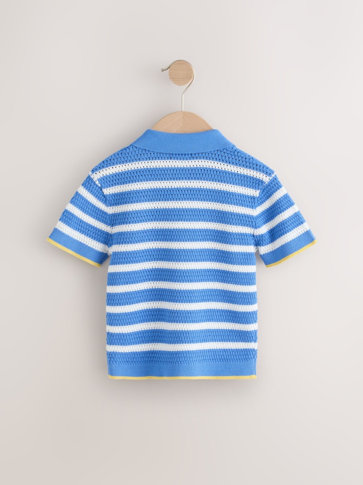 Blue/White Stripe Short Sleeve Trophy Neck 100% Cotton Polo Shirt (3mths-7yrs) - Image 2 of 4
