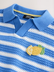 Blue/White Stripe Short Sleeve Trophy Neck 100% Cotton Polo Shirt (3mths-7yrs) - Image 3 of 4