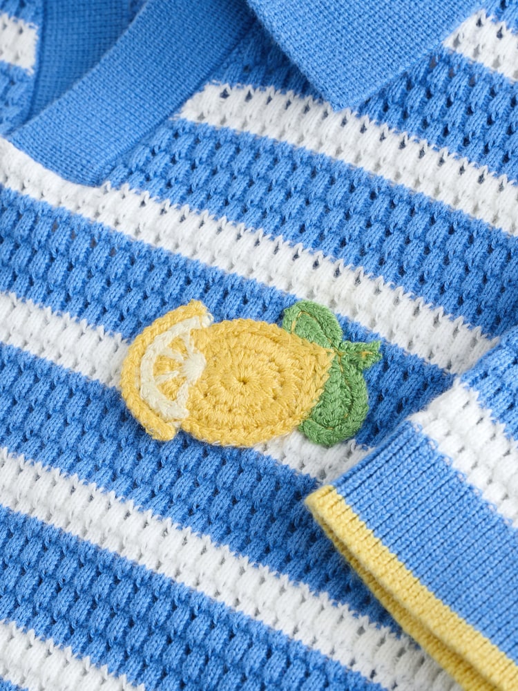 Blue/White Stripe Short Sleeve Trophy Neck 100% Cotton Polo Shirt (3mths-7yrs) - Image 4 of 4