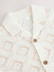 Ecru White Crochet Revere Collar Short Sleeve Knitted Polo Shirt (3mths-7yrs) - Image 3 of 4