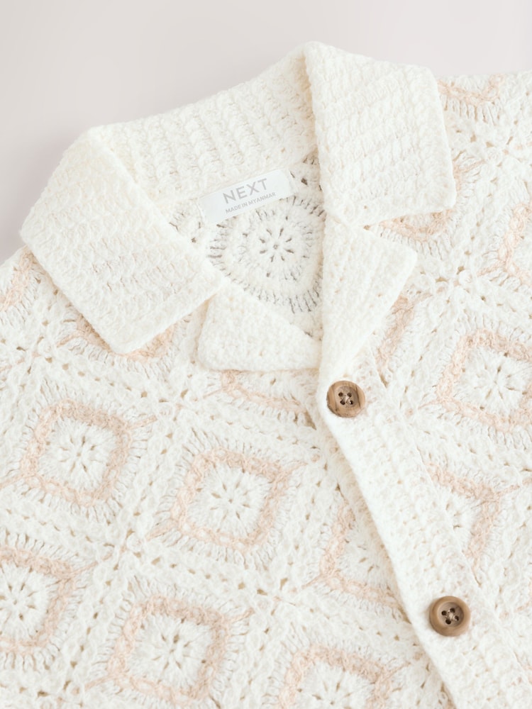 Ecru White Crochet Revere Collar Short Sleeve Knitted Polo Shirt (3mths-7yrs) - Image 3 of 4