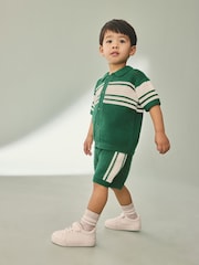 Green/White Textured Revere Collar Knitted Polo Shirt and Shorts Set (3mths-10yrs) - Image 1 of 8