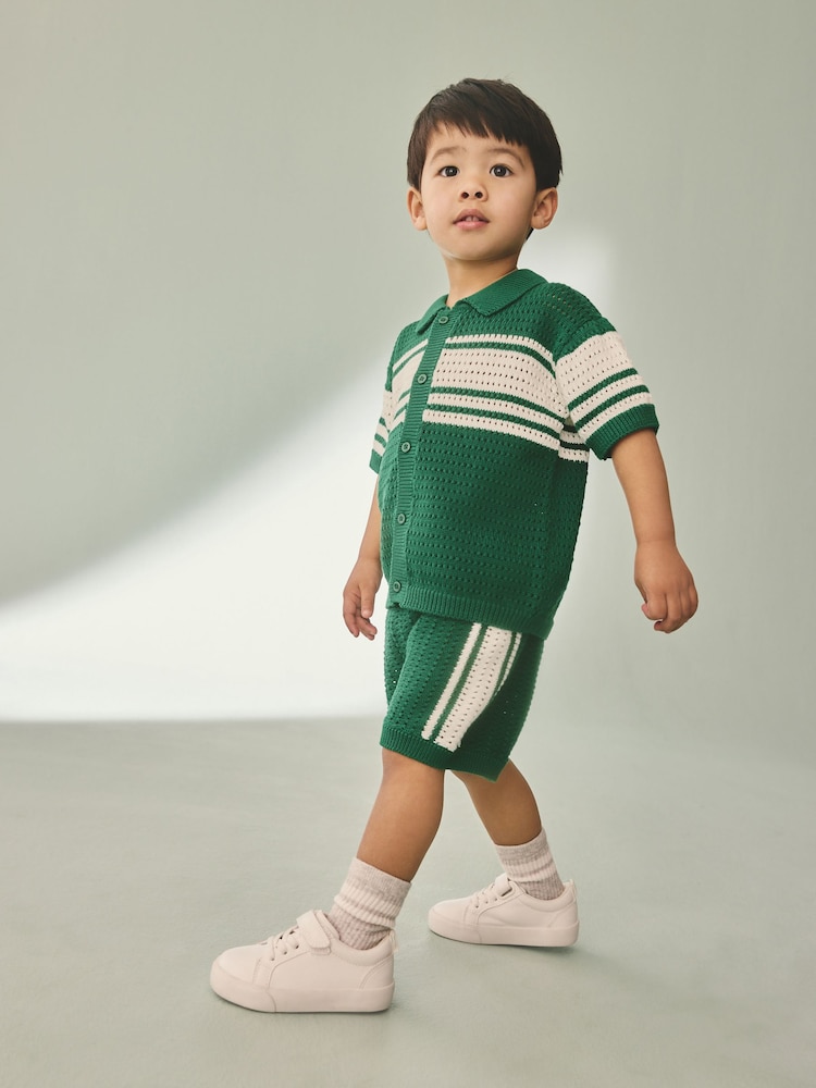 Green/White Textured Revere Collar Knitted Polo Shirt and Shorts Set (3mths-10yrs) - Image 1 of 8