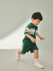 Green/White Textured Revere Collar Knitted Polo Shirt and Shorts Set (3mths-10yrs) - Image 3 of 8