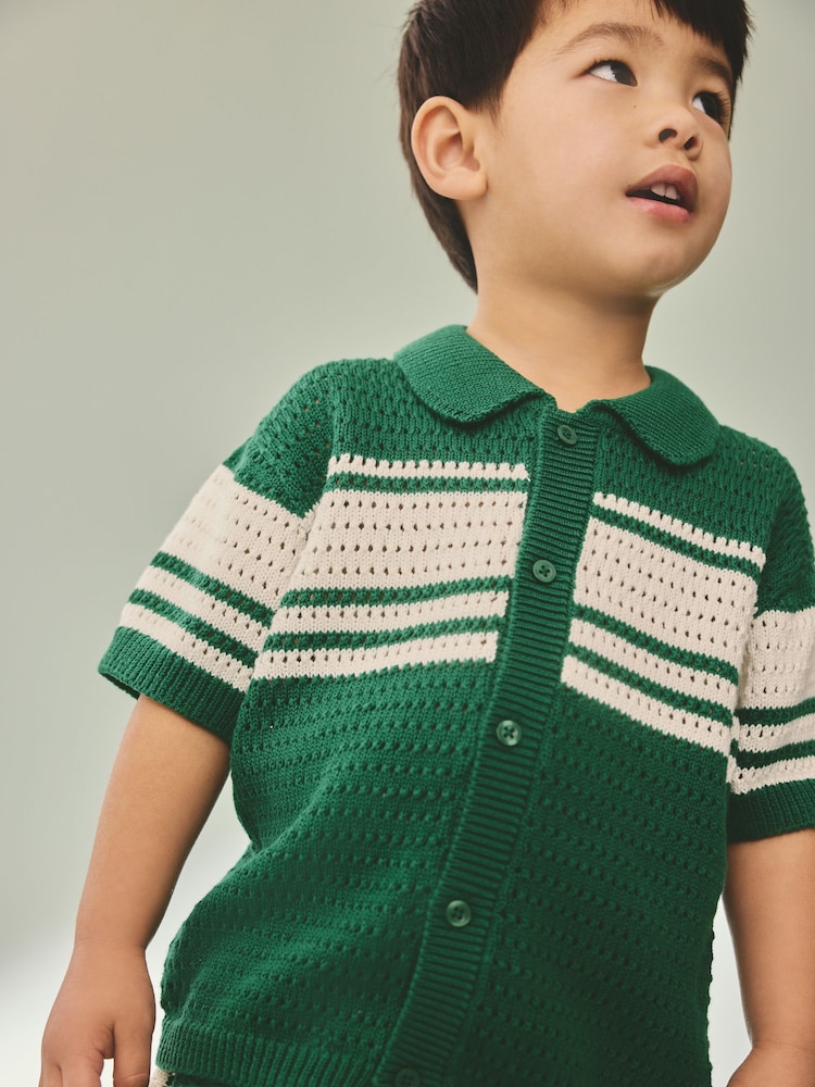 Green/White Textured Revere Collar Knitted Polo Shirt and Shorts Set (3mths-10yrs) - Image 4 of 8