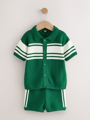 Green/White Textured Revere Collar Knitted Polo Shirt and Shorts Set (3mths-10yrs) - Image 5 of 8