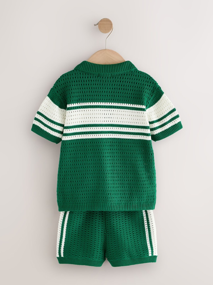 Green/White Textured Revere Collar Knitted Polo Shirt and Shorts Set (3mths-10yrs) - Image 6 of 8