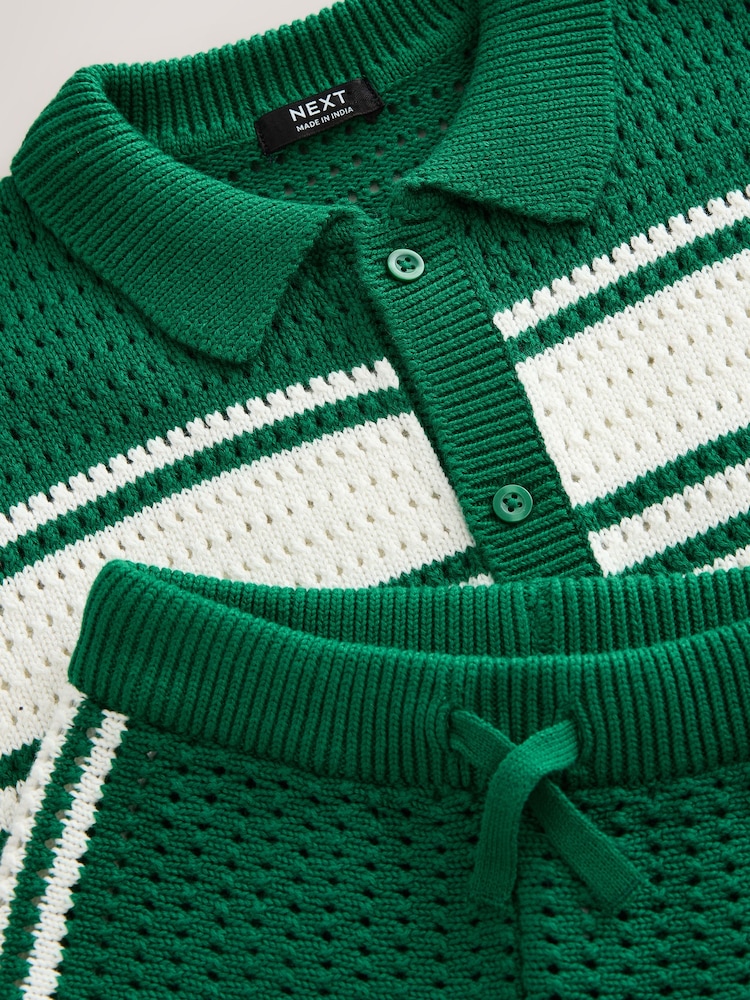 Green/White Textured Revere Collar Knitted Polo Shirt and Shorts Set (3mths-10yrs) - Image 8 of 8