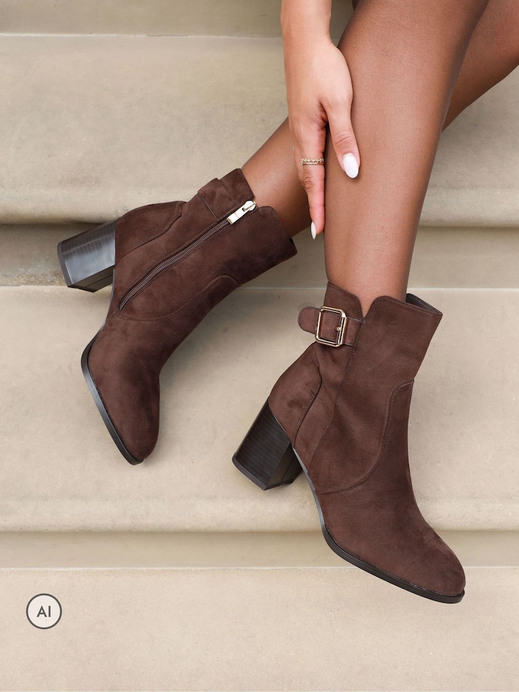 Simmi London Brown Bruce Buckle Detail Block Heeled Boots - Image 1 of 4 Simmi London Brown Bruce Buckle Detail Block Heeled Boots - Image 1 of 4