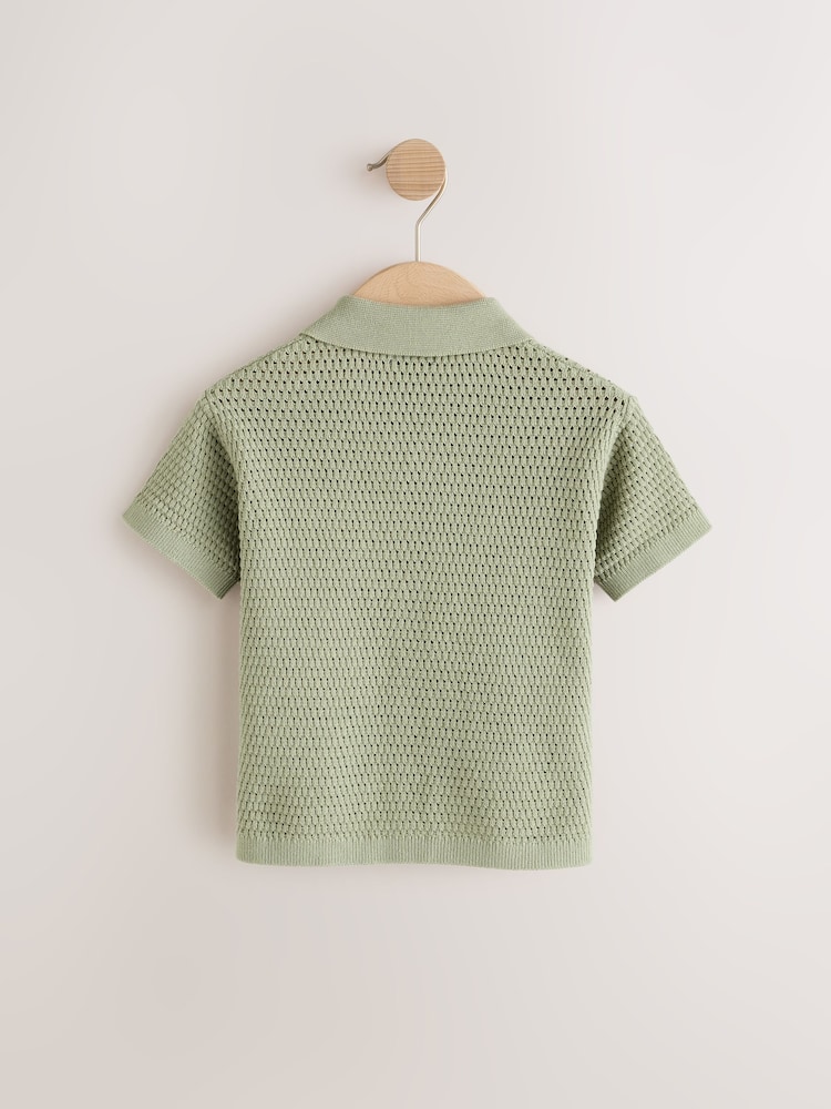 Green Palms 100% Cotton Textured Revere Collar Short Sleeve Knitted Polo Shirt (3mths-7yrs) - Image 2 of 4