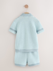 Blue Crochet Knitted Short Sleeve Shirt and Shorts Set (3mths-10yrs) - Image 6 of 9