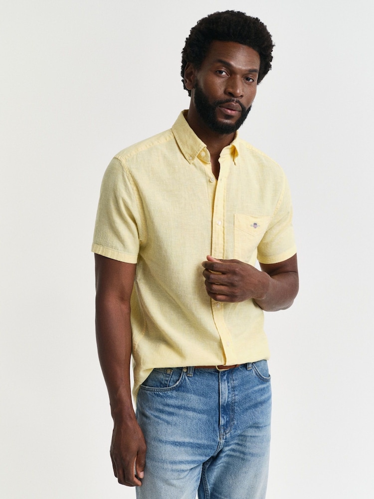 GANT Yellow Regular Fit Short Sleeve 100% Cotton Linen Shirt - Image 1 of 7