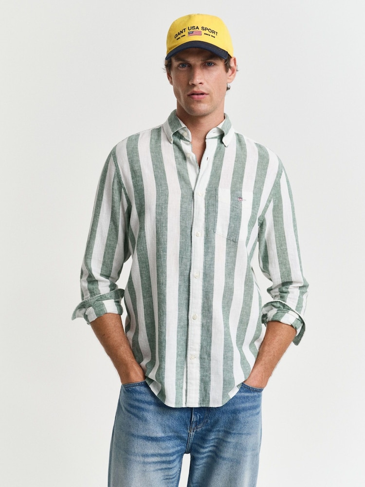 GANT Green Regular Fit Bold Stripe 100% Cotton Linen Shirt - Image 2 of 8