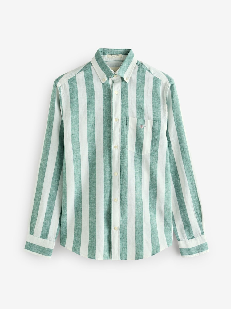 GANT Green Regular Fit Bold Stripe 100% Cotton Linen Shirt - Image 8 of 8