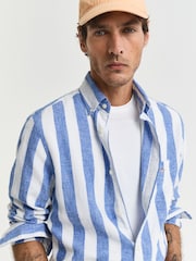 GANT Blue Regular Fit Bold Stripe 100% Cotton Linen Shirt - Image 5 of 8