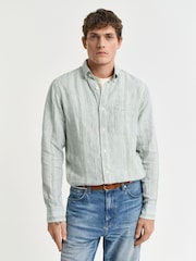 GANT Green Regular Fit Linen Stripe Shirt - Image 3 of 7