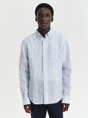 GANT Blue Regular Fit Linen Stripe Shirt - Image 3 of 7