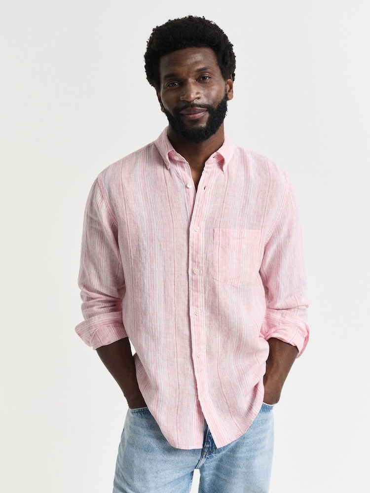 GANT Pink Regular Fit Linen Stripe Shirt - Image 1 of 7
