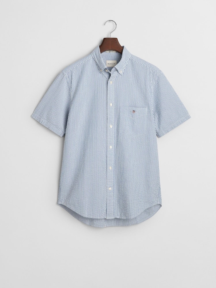 GANT Blue 100% Cotton Regular Fit Short Sleeve Seersucker Stripe Shirt - Image 5 of 5