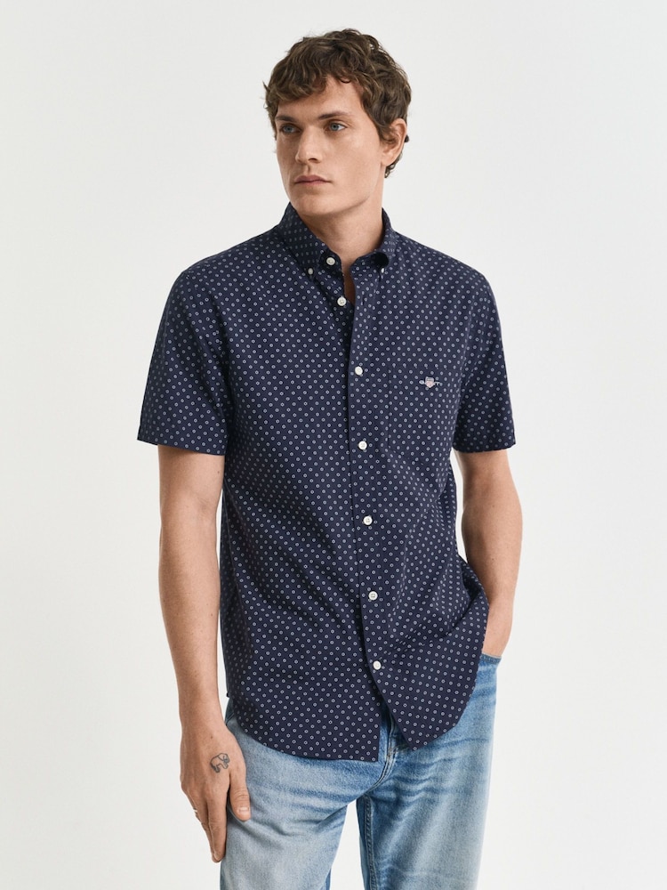 GANT Navy 100% Cotton Regular Fit Short Sleeve Micro Print Shirt - Image 1 of 6