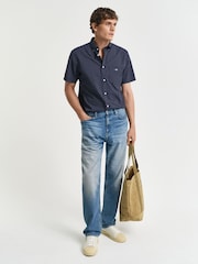 GANT Navy 100% Cotton Regular Fit Short Sleeve Micro Print Shirt - Image 4 of 6