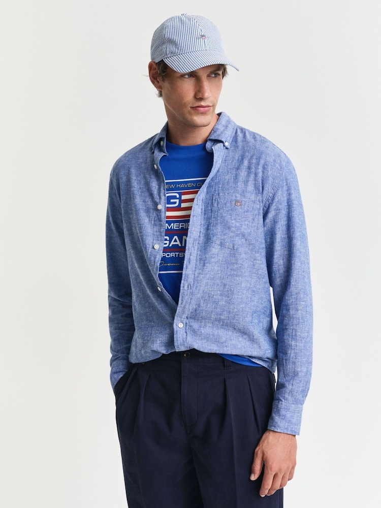GANT Blue Regular Fit 100% Cotton Linen Shirt - Image 2 of 8