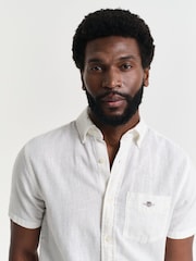 GANT White Regular Fit Short Sleeve 100% Cotton Linen Shirt - Image 5 of 8
