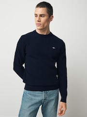 GANT Navy 100% Cotton Textured Crew Neck Jumper - Image 1 of 4