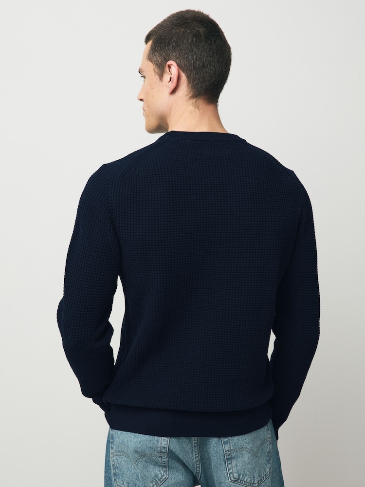GANT Navy 100% Cotton Textured Crew Neck Jumper - Image 2 of 4