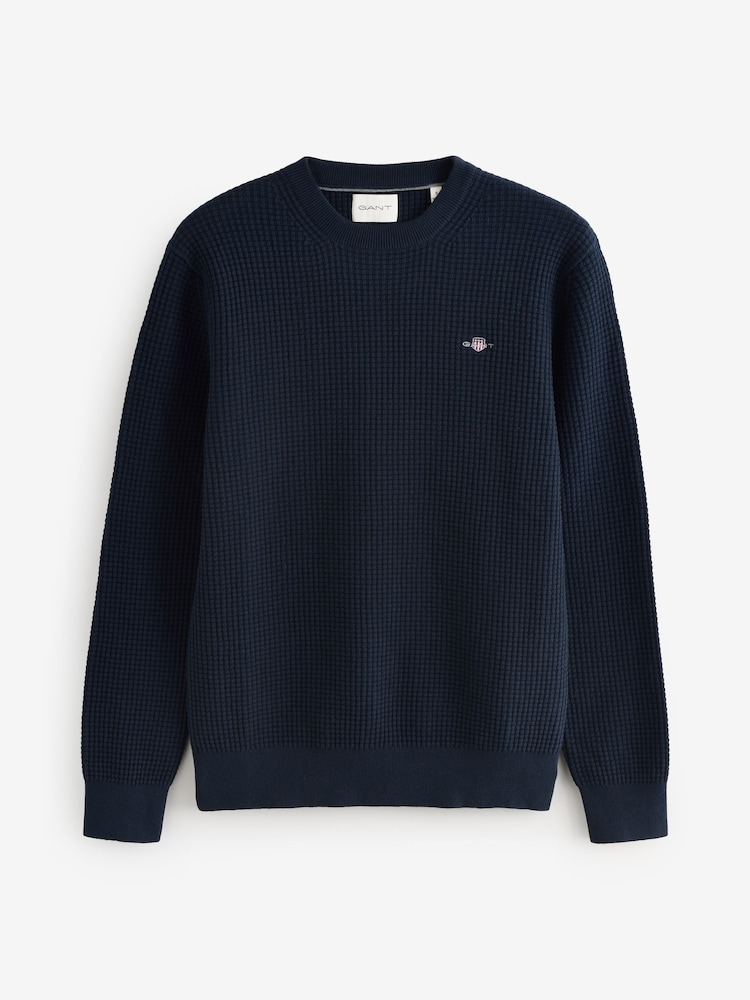 GANT Navy 100% Cotton Textured Crew Neck Jumper - Image 4 of 4