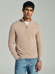 GANT Beige 100% Cotton Pique Half Zip Jumper - Image 1 of 4