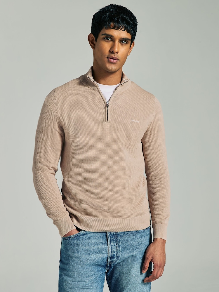 GANT Beige 100% Cotton Pique Half Zip Jumper - Image 1 of 4